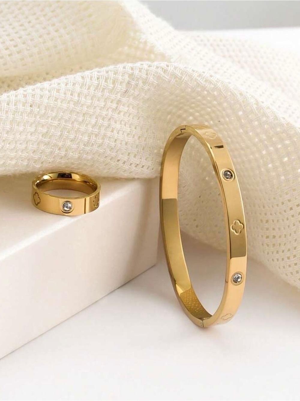 Gold Crystal Accent Bangle and Band Set - Picture 2 of 7